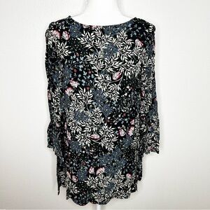 J Jill Womens Black Floral Long Sleeve Crepe Tunic Top Size S EUC